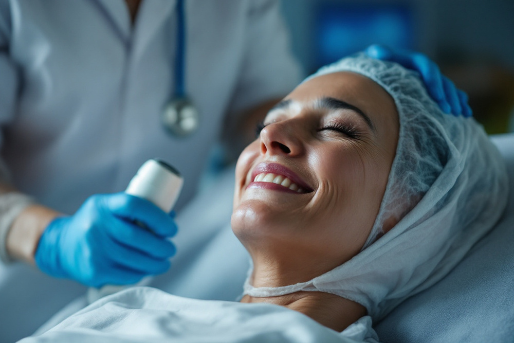 mujer sonriendo durante un tratamiento estetico en una clinica profesional