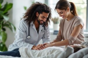 terapeuta rehabilitacion manos sonriente paciente