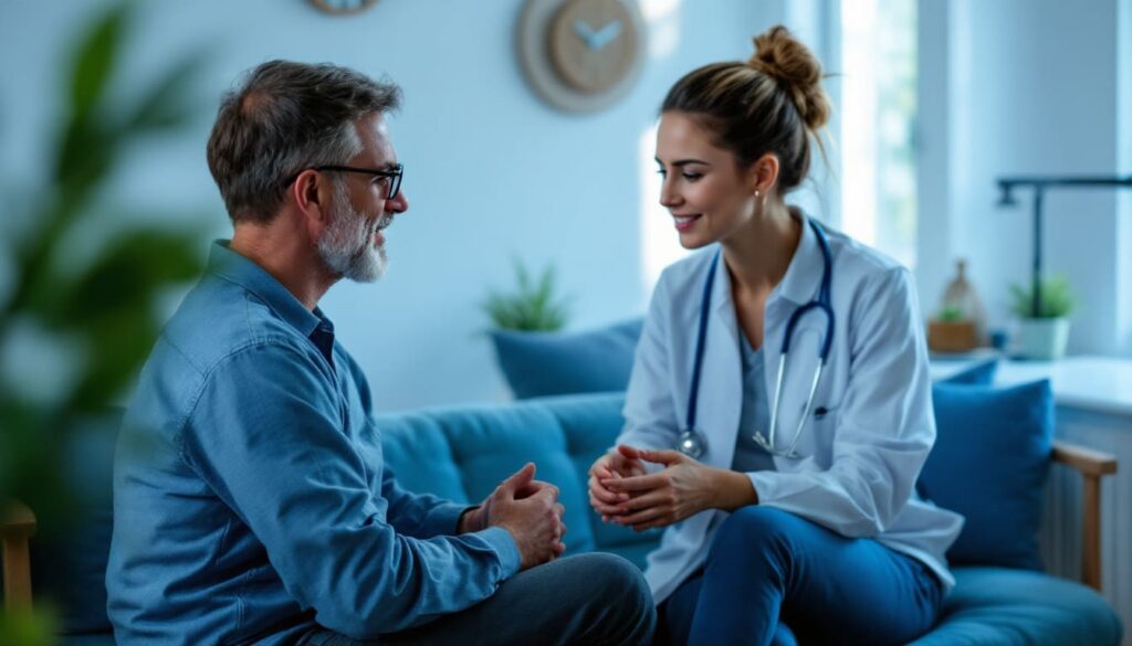 doctora en consulta moderna hablando con hombre mayor sobre resultados medicos