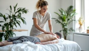 fisioterapeuta mujer aplicando tratamiento de espalda en camilla en consulta natural