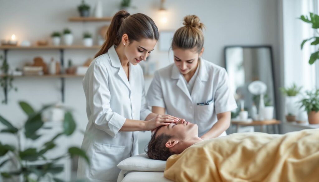 fisioterapeutas realizando terapia manual en cuello de paciente en clinica luminosa