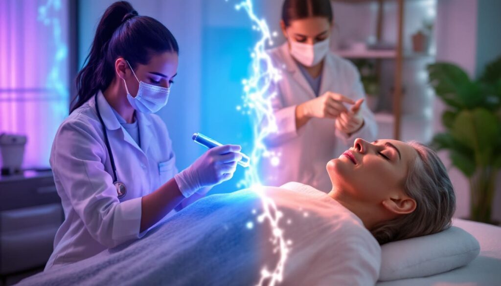 procedimiento de estetica con efectos de luz en clinica de medicina estetica