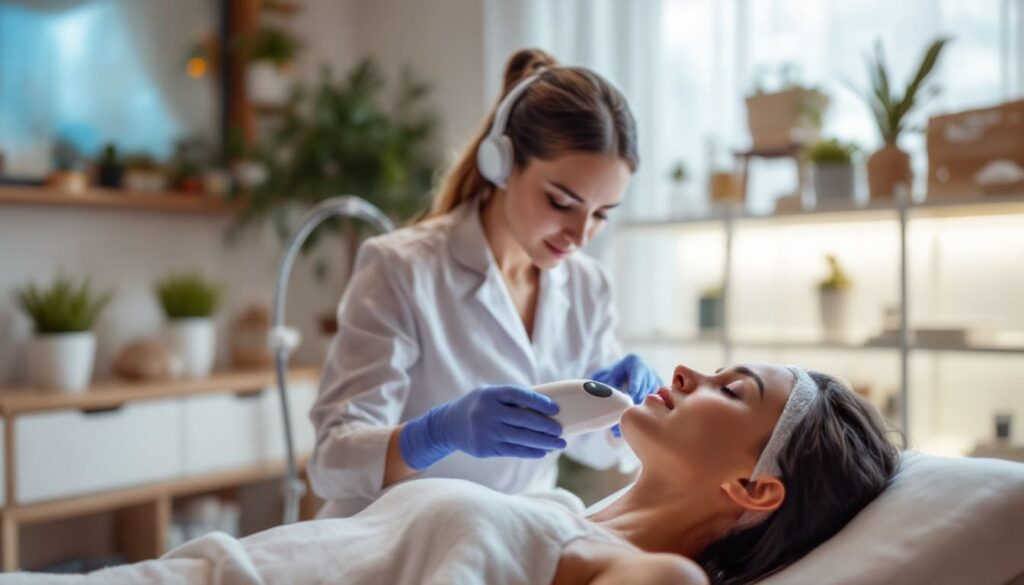 tratamiento facial estetico con profesional en clinica con luz natural