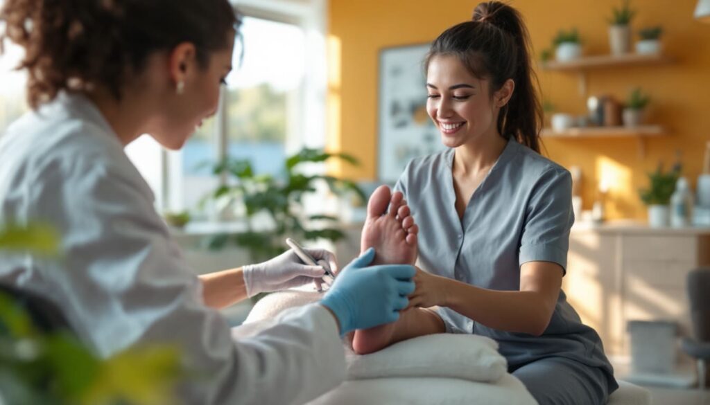 especialista en podologia masajeando pie de paciente en clinica de salud