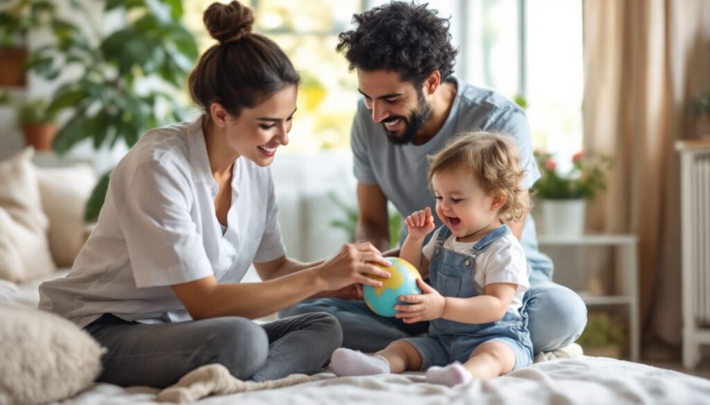 familia joven jugando y divirtiendose con bebe en salon acogedor y decorado