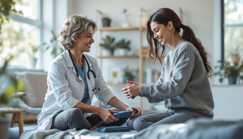 medico hablando con paciente en consulta clinica en ambiente luminoso y acogedor