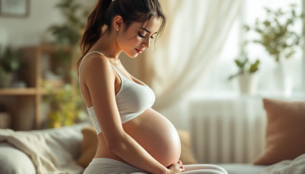mujer embarazada sentada en sofa en habitacion luminosa con luz natural y decoracion acogedora