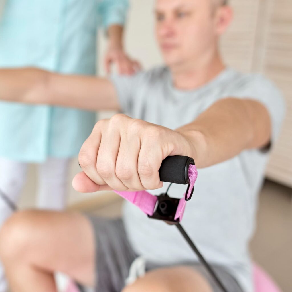 paciente utilizando banda elastica para ejercicio de fuerza en sesion de rehabilitacion