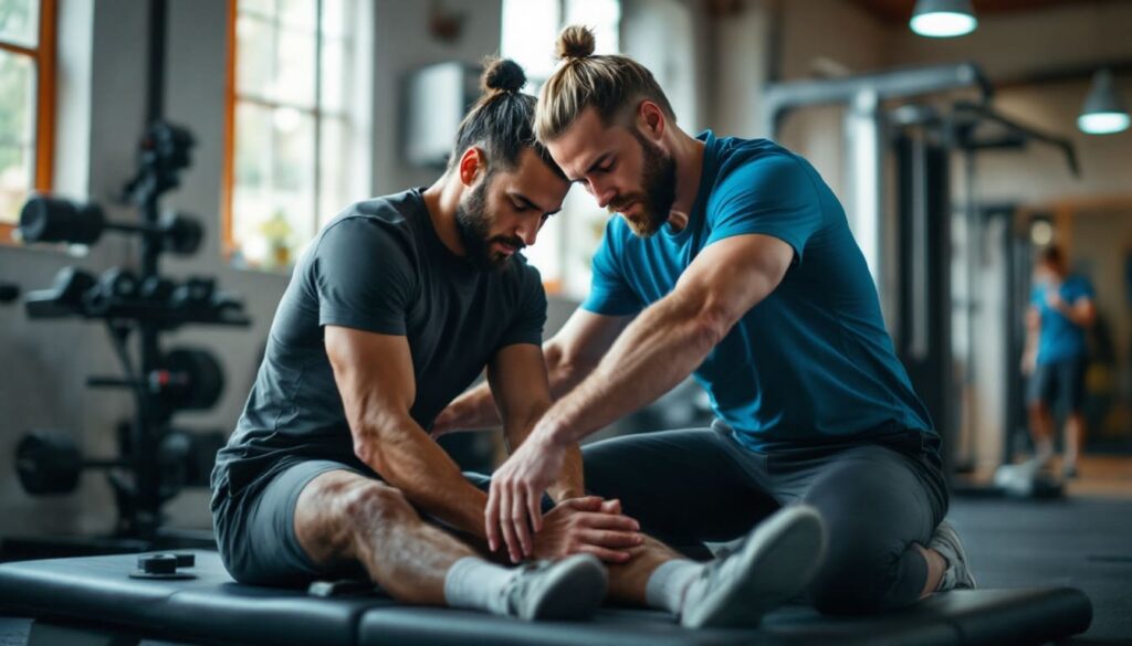 terapeuta estirando pierna de paciente sentado en piso de gimnasio en sesion de rehabilitacion