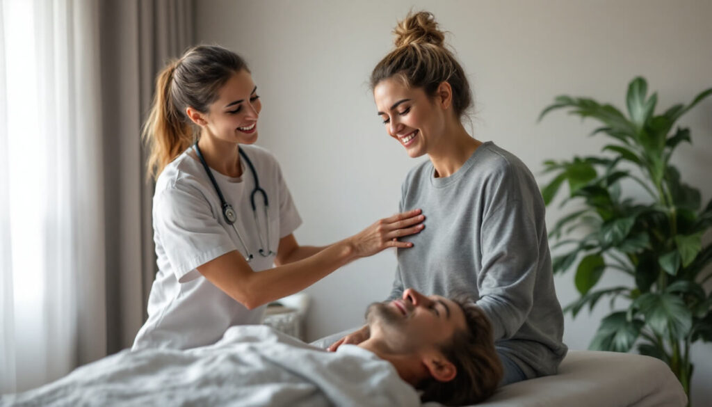 fisioterapeuta al lado de familiar del paciente