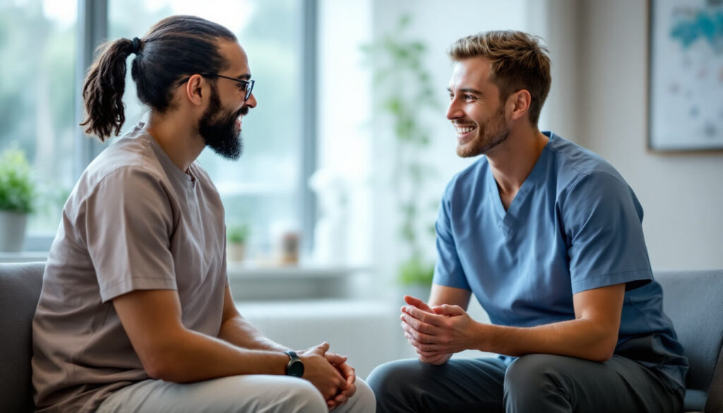 fisioterapeuta hablando con paciente