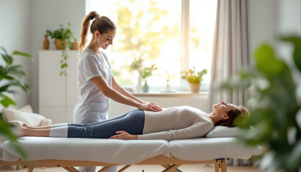 manos de fisioterapeuta sobre abdomen