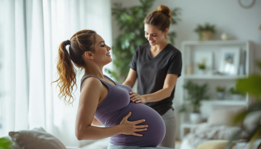 mujer embarazada aplicando técnicas de fisioterapia