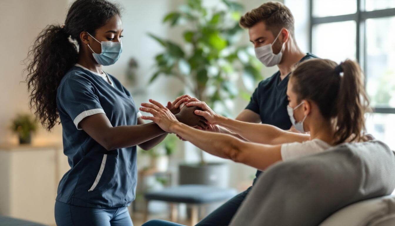 fisioterapeutas estirando brazos paciente