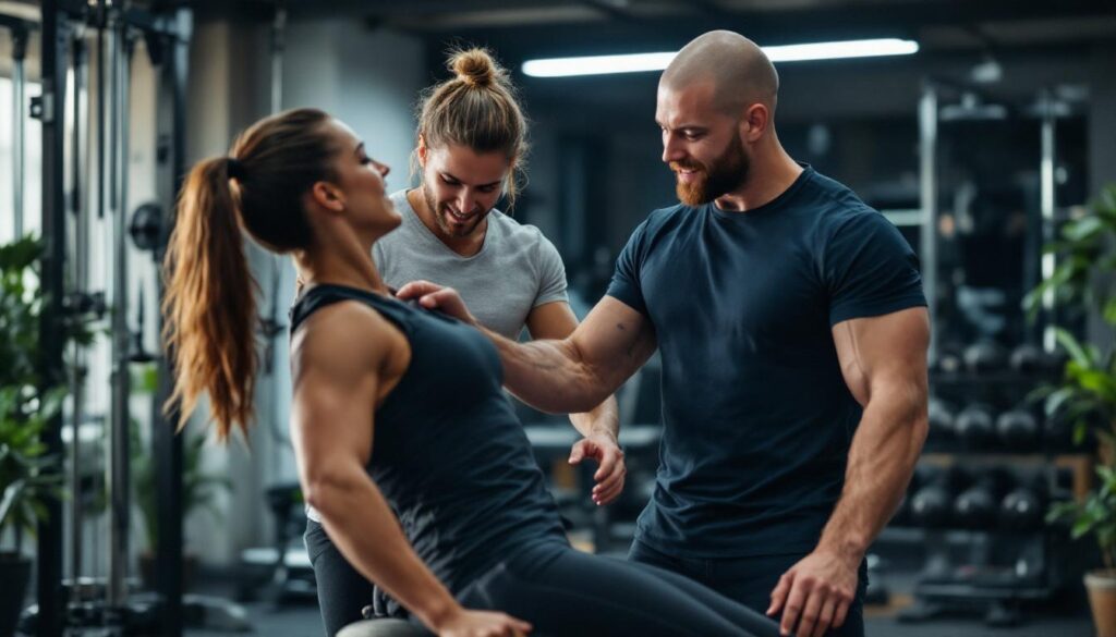 A photograph of a personal trainer and a physiotherapist working with a client in a gym setting