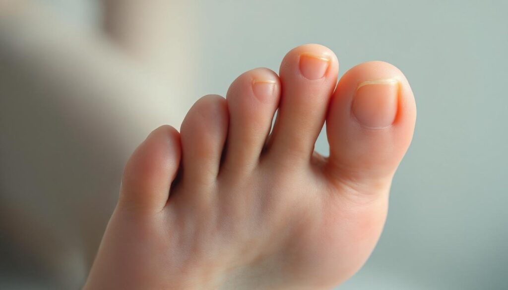 A photograph of a close-up of a foot showcasing the condition of bunions (juanetes)