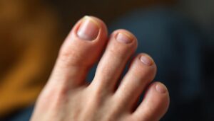 A photograph of a close-up of a person's hand displaying a hammer toe condition