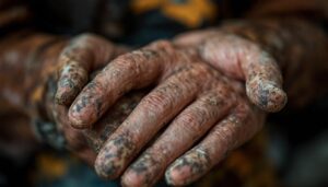 A photograph of a close-up of a person's hands showcasing both calluses and smooth skin