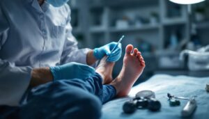 A photograph of a skilled podiatrist examining a patient's feet in a clean