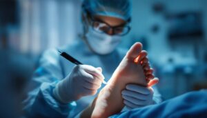 A photograph of a podiatrist performing a minor outpatient foot surgery