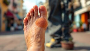 A photograph of a close-up of a person's foot with a visible plantar wart