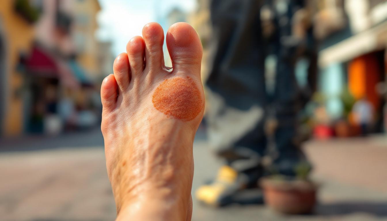 A photograph of a close-up of a person's foot with a visible plantar wart
