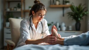 A photograph of a podiatrist examining a patient's feet in a cozy