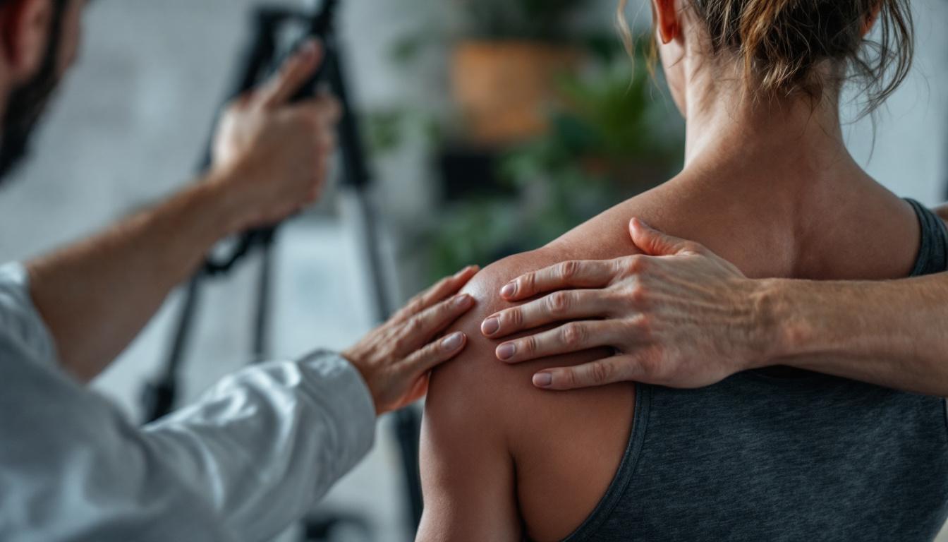 A photograph of a physical therapist demonstrating a shoulder rehabilitation exercise