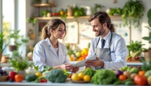 A photograph of a nutritionist consulting with a patient in a bright