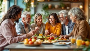 A photograph of a diverse group of people of various ages enjoying a healthy meal together in a vibrant valencia setting