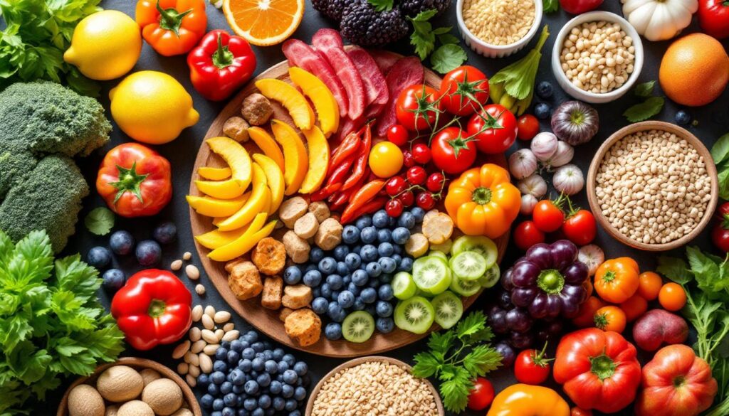 A photograph of a vibrant and colorful spread of fresh fruits