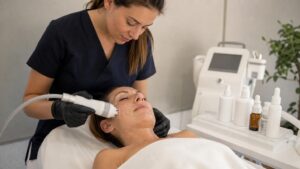 Esthetician applying a radiofrequency facial treatment to a woman's cheek in a bright clinic with skincare products in the background.