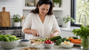 Woman in a bright kitchen chopping zucchini on a wooden board surrounded by fresh vegetables, blueberries, nuts, and leafy greens.