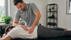 Male osteopath in a grey polo shirt applying manual pressure to the lower back of a patient lying face down on a treatment table.