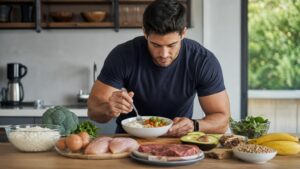 Muscular man eating a healthy meal surrounded by fresh ingredients like chicken, steak, eggs, broccoli, and avocado on a wooden kitchen counter.