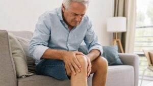 Senior man sitting on a sofa and grimacing while holding his painful knee with both hands.