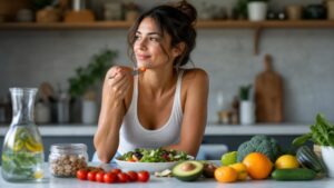 Smiling woman eating a fresh salad in a bright kitchen surrounded by colorful fruits, vegetables, and nuts.