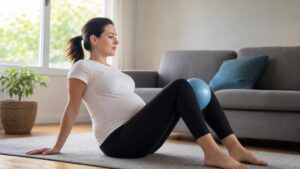 Pregnant woman sitting on a rug at home, performing pelvic floor exercises by squeezing a small blue fitness ball between her knees.