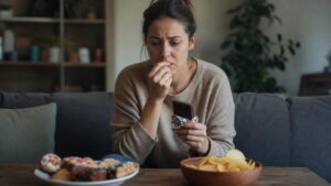 Distressed woman sitting on a sofa holding a chocolate bar, looking down at a table filled with chips and pastries.