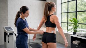 Health professional in blue scrubs placing bioimpedance sensors on a woman's back for a body composition analysis in a bright, modern clinic.