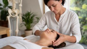 Osteopath in a white shirt performing a gentle manual head and neck treatment on a patient in a bright clinic with a skeleton model in the background.