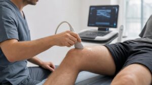 Physiotherapist in grey scrubs performing an ultrasound scan on a patient's knee with a handheld probe and a monitor displaying the results.