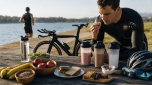 Triathlete in a wetsuit eating at a table filled with fruit, shakes, and healthy snacks next to a bike and a runner by a lake.
